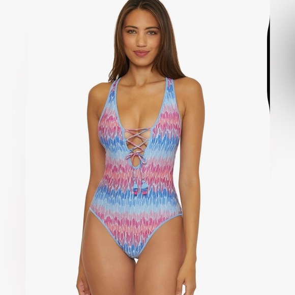 New BECCA Women’s Joshua Tree One Piece Swimsuit Plunge Neck Corset Size Large - Picture 1 of 9